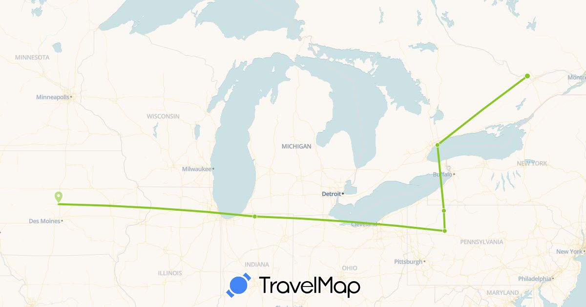 TravelMap itinerary: electric vehicle in Canada, United States (North America)